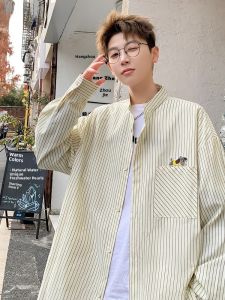 HetingHOME | Hetinghome Summer Trendy Couple Long Sleeve Striped Loose Mens American Style Shirt Artistic Style Polyester Blend Casual Wear