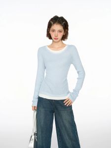 QIAOJIAOYA | Áo Knit Đơn Giản Cổ Tròn Phong Cách Lớp Nhỏ Dài Tay