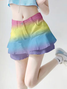 กระโปรงยีนส์มัดย้อมสีรุ้งแบบออริจินัลหนึ่งชิ้นสำหรับผู้หญิงกระโปรงทรงเอเอวสูงสำหรับฤดูร้อนกระโปรงสั้นสาวแซ่บสวยหวาน