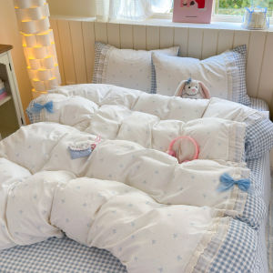 Korean Style Girls Heart Butterfly Knot Lace Washed Cotton Three Piece Bedding Set Dormitory Bedroom Quilt Coverlet Four Piece Set