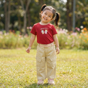 Moose Girl Wide Leg Twill Pants Beige With Belt Pink with Embroidery Details (GTWLP 604 7946)