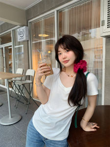 Cool Sensation V-Neck Short Sleeve T-Shirt Womens White Summer New Style Short Length Skin-Friendly Versatile Korean Version