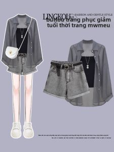 Bộ Đồ Dài Tay Mùa Hè Cho Nữ Bộ Đồ Ba Mảnh Màu Đen Áo Chống Nắng Quần Short Denim Dây Chuyền Cài Nút Thời Trang