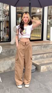 SpinnyHouse ผ้าไมโคร แต่งพับช่วงเอว 🐤 สม็อคทรงเอวสูง รุ่น กางเกงทรงกระบอก เป็น SpinnyHouse