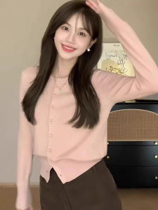 Slim Fit round Neck Knitted Sweater Coat Womens Fashionable Pink Autumn Winter Waist Cinching Cardigan Korean Style Top