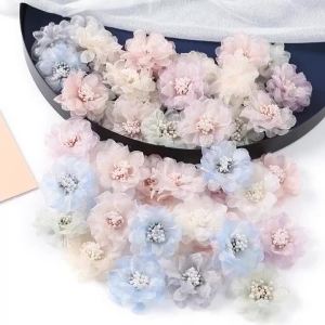 5Pcs Chiffon Artificial Flowers Head Fabric Applique Dress Sewing Supplies Patches Accessories For Kids Girls Hairpin Decoration