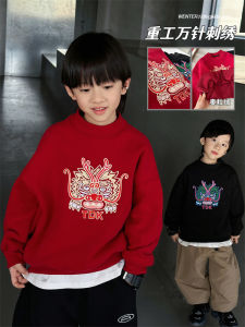Red Fleece-Lined Childrens Sweatshirt New Years Clothing for Boys Baby Clothes Trendy Winter Clothes Cotton Casual Wear