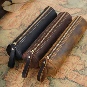 Ban Đầu Handmade Vintage Da Bò Viết Chữ Túi Dung Tích Lớn Có Dây Kéo Đựng Bút Và Văn Phòng Phẩm