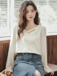 Áo Thun Nữ Cổ Chữ V Dài Tay Màu Trơn Kardia Thu Đông Thiết Kế Mới Thường Ngày Phong Cách Hàn Quốc Thường Ngày