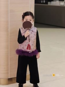 Girls Cheongsam Vest Cotton Lined Stand Collar Floral Print New Year Clothes Traditional Chinese Hanfu Style Childrens Clothing