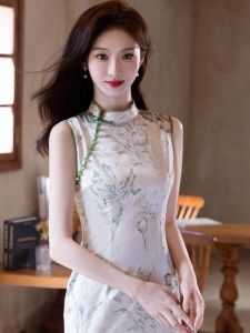 Stunning Long Sleeveless Green Qipao Dress Elegant Young Modified Chinese Style Summer 2025 Breathable Low Slit Daily Wear