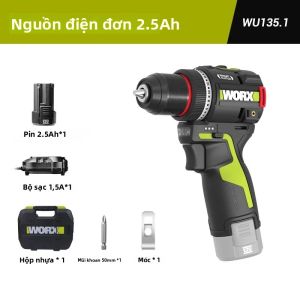 Máy Khoan Điện Không Dây WORX WU135 12V 50Nm 1800 Vòng/phút Kèm Pin 2.5Ah Chức Năng Tự Động Dừng 2 Tốc Độ Điều Chỉnh Công Suất Dụng Cụ Điện Cầm Tay Cho Việc Tự Làm Tại Nhà