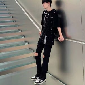 Quần Jeans Nam Ống Rộng Ôm Vừa Vặn Màu Đen Cổ Điển Có Lỗ Quần Ống Thẳng Ôm Vừa Vặn Thường Ngày Cho Thanh Thiếu Niên