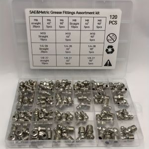 120-Piece Sae and Metric Grease Fitting Set - Hydraulic Zerk Connectors Includes 1/4" 1/8" M6 M8 M10 Specifications with Straight Heads 45-Degree Angles ° Angle Head and 90 ° Angle Head Suitable for Automotive and Industrial Applications Made ...