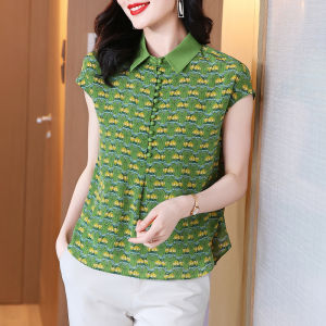 NVSHENJI | เสื้อเชิ้ตไหมพิมพ์ลายแขนสั้นฤดูร้อนสำหรับผู้หญิง เสื้อผ้าทำงานสไตล์เกาหลี ผ้าไหมถั่วมัลเบอร์รี่แท้ ทรงตรง แขนสั้น ลายดอกไม้ ระบายอากาศได้ดี