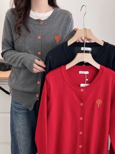 สไตล์เกาหลี ฤดูใบไม้ผลิ ฤดูใบไม้ร่วง ผู้หญิง ถัก คาร์ดิเกน เห็ด งานปัก เสื้อแจ๊กเก็ตคอกลมสไตล์วิทยาลัย หลวม แขนยาวพอดี
