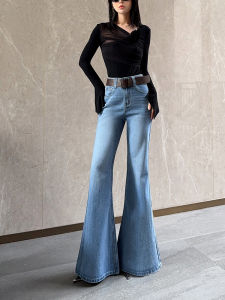 High Waist Bell Bottom Jeans Wide Leg Pants Womens Summer Vintage Hong Kong Style Blue Denim Belted Trousers Casual Washed