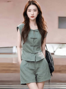 Age-Reducing Womens Amoi Chinese Style Traditional Buckle Sleeveless Linen Green Tops Drawstring Shorts Suit
