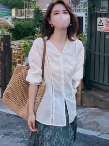 Shalldoer | Sun Protection Hollow Out Long Sleeve Shirt Women Heavy Industry Style Mid-Length Open Split Cover Up Top Casual Loose Fit