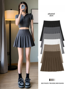 Gray Half-length A-line Skirt Womens Spring Autumn New Style High-waist Miniature Suit Waistcoated Skirt College Girl Polyester Cotton Home Leisure Longside Zipper Side Split Skirt