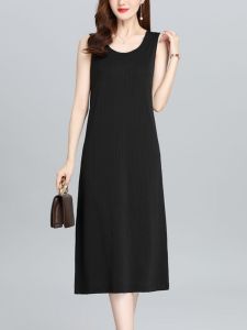 ชุดเดรสยาวผ้าไหมน้ำแข็งฤดูร้อนใหม่สำหรับผู้หญิงไซส์ใหญ่ แขนกุด ทรงหลวม กระโปรงทรงเอ เดรสยาวปานกลาง ทรงเข้ารูป