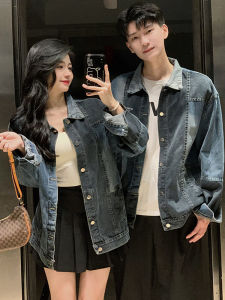 Retro Rửa Sạch Denim Áo Khoác Nam Thoải Mái Rộng Rãi Fit Turn-down Cổ Áo Áo Khoác Mùa Xuân Mùa Thu Thiết Kế Cặp Đôi Màu Tương Phản Của Cặp Đôi Áo Khoác