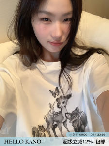 Loose Short Sleeve T-Shirt Womens Cotton Pure Summer Top Printed Cartoon Deer Hello Canon Korean Style round Neck Short Length