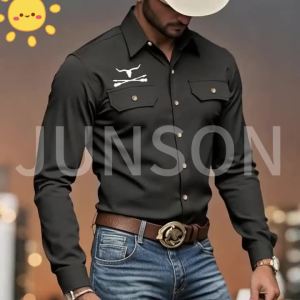 Áo Sơ Mi Nam Đen Dài Tay Cổ Điển Hai Túi Cài Khuy Đơn Kiểu Denim In Họa Tiết Mặc Xuân Thu
