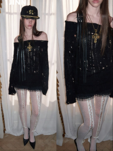 1JINN STUDIO | Off-Shoulder Belted Lace Hollow Cable Knit Top