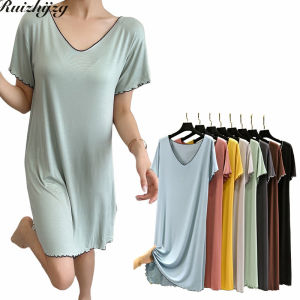 Ruizhijzg ชุดเดรสแขนสั้นสำหรับผู้หญิงชุดกระโปรงเสื้อยืดแขนสั้นผ้าคอตตอนความยาวปานกลางยาวเหนือเข่าฤดูร้อนชุดเดรสทรงตรงเข้ารูปสีแข็งแรงของเด็กผู้หญิงและคอวีกระโปรงใส่เล่นกีฬาชุดนอนไซส์ใหญ่พิเศษ