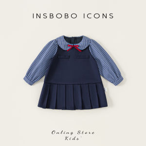 Adorable INSbobo Girls Dress Spring Autumn Plaid A-Line Skirt Long Sleeve Doll Collar Polyester Fiber Soft Medium Elasticity