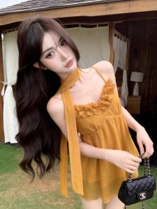 GUZILIAN | Korean Style Casual Commuter Ruffle Collar Solid Color Matchable Sleeveless Top Medium-Length