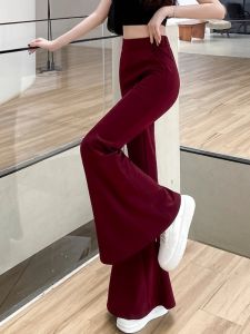 Retro Red Fish Tail Wide Leg Pants Womens High Waist Slimming Short plus Size Trousers Long Floor Length Casual Pants