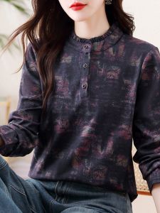 เสื้อเชิ้ตผู้หญิงคอตั้งพิมพ์ลายแขนยาวสองด้านเดียวกัน ทรงหลวม ปกติ ฤดูใบไม้ร่วง/ฤดูหนาว เสื้อชั้นใน เสื้อเชิ้ต