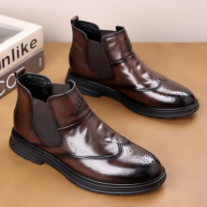 NUDANLAI | High-top Leather Shoes Mens Winter Two-layer Cotton Slip-on Chelsea Boots Boots Brogue Engraved Business Casual Shoes