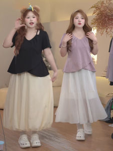 Áo Thun Cổ Chữ V Tay Ngắn Không Đều Màu Sắc Phong Cách Hàn Quốc Mùa Hè Mới Cho Nữ Cỡ Lớn Thiết Kế Khoét Rỗng Không Đều