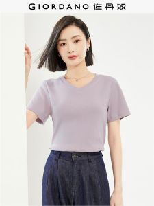 SD Tan Short Sleeve T-Shirt Womens Elastic Knitted Vest Pure Color Simple Style Slim Fit V-Neck Top Giordano Brand