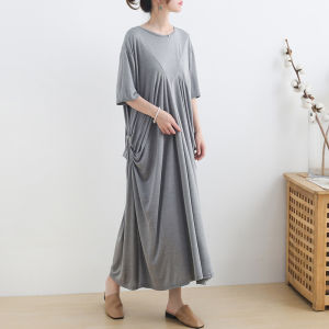 Artistic Japanese Style Loose Cotton Long Dress Irregular Pleats round Neck Spring Summer New Arrival Elegant Robe Dress