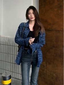 Retro American Vintage Plaid Loose Fit Thin Womens Shirt Coat Autumn Winter BF Style Sun Protection Trendy Polo Collar Button down