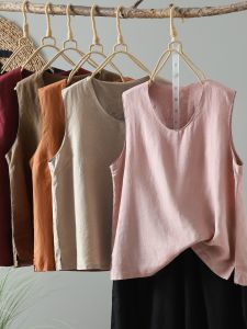 เสื้อกั๊กคอวีผ้าลินินบางสำหรับผู้หญิง ฤดูร้อน 2025 แขนกุด คอวี ระบายอากาศได้ดี สีสันสดใส แขนกุด คอวี แขนกุด