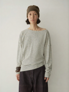 INSIS FEMME | Cotton One-Shoulder Striped Long Sleeve T-Shirt