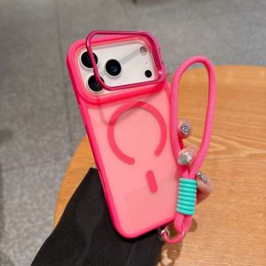 Luxury Frosted For Magsafe Magnetic Phone Case For iPhone 17 Air 16 15 14 13 12 11 Plus Mini Pro Max Metal Bracket Lanyard Cover