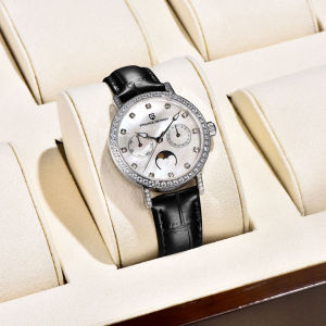 PAGANI DESIGN Women Quartz Watch 33mm Dial Stainless Steel Moon Phase Diamond 100M Water Resistant Leather Strap Week Date Sapphire Glass Watch Women PD-1789