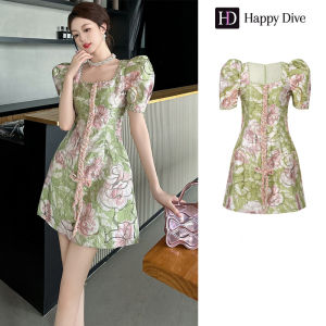 Happy Diva เดรสผู้หญิง เดรสสีเขียว เดรสทรงเอ เดรสแขนพอง เดรสทำงาน เดรสไฮโซ เดรสวินเทจ เดรสออกงาน เดรสปาร์ตี้ ชุดราตรี 91105