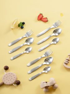 Food Grade 304 Stainless Steel Cartoon Patterned Soup Spoon Fork Set for Children Home Use Dining Utensils Dual Purpose Spoons