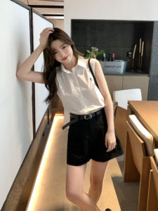 เสื้อเชิ้ตแขนกุดคอปกสีขาวปักลายสำหรับผู้หญิงในช่วงฤดูร้อน สไตล์เกาหลี เสื้อเชิ้ตทรงเข้ารูป ทรงสลิมฟิต ปกปิดหน้าท้อง ใส่ไปทำงาน