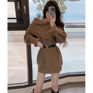 Váy Len Dệt Kim Hở Vai Kiểu Pháp Thanh Lịch Cho Nữ Mùa Thu Đông Mới Về Váy Midi Cổ Chữ a Dài Tay Cổ Tròn