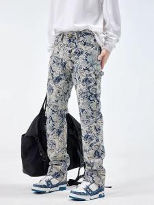 Korean Fashion Popular High Street Versatile Blue Splicing Jeans Mens Trend Spring and Autumn New Loose Straight Trousers 2026