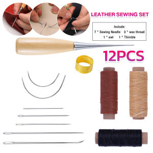 E.B. 12pcs Leather Sewing Kit Sewing needle/Wooden Handle Awl/30m Wax Thread