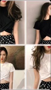 🚨FC พร้อมส่ง🚨เสื้อครอปคอกลมแขนสั้น แต่งชายเสื้อเก๋ๆ